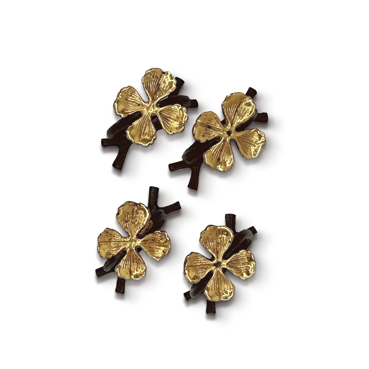 Anillos Servilleteros en Forma de Rama con Trébol de 4 Hojas Dorado Lucky Clover. Set de 4